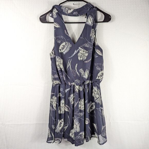 Final Touch USA Medium Navy Halter Dress Sleeveless Abstract Leaf Print V-Neck - Picture 1 of 5